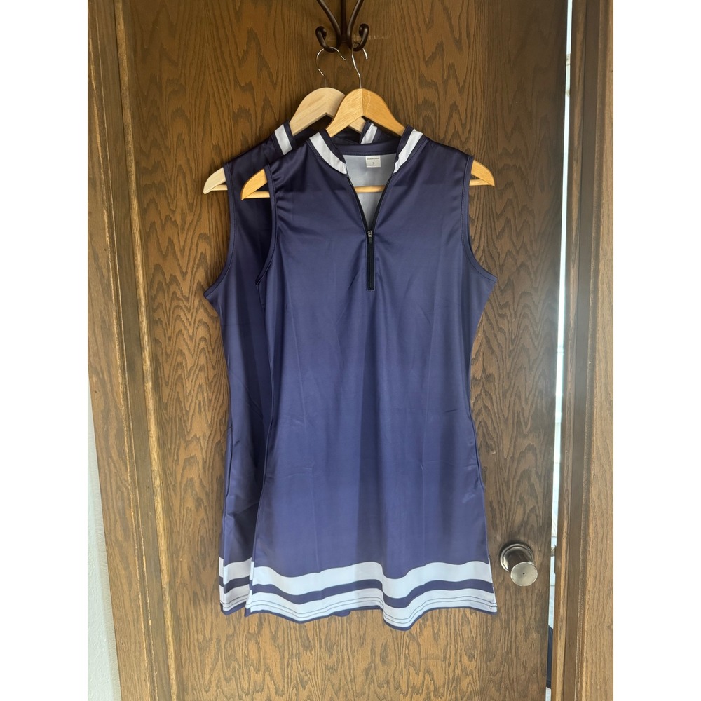 Womens Navy Blue Sleeveless Zip Neck Golf Tennis Dress White Stripe Hem Size S L